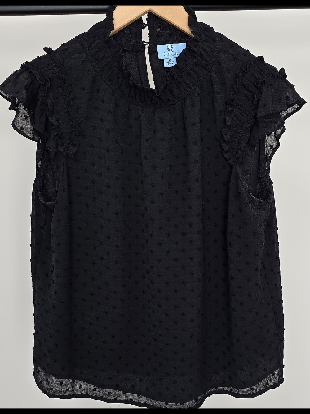 CeCe Black Swiss Dot Ruffle Sleeve Camisole